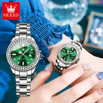 OLEVS Original Quartz Doamnelor Ceas de Lux Diamante bandă de Oțel curea din Piele Luminos rezistent la apa Scufundări Verde Bărbați Cuarț Ceas