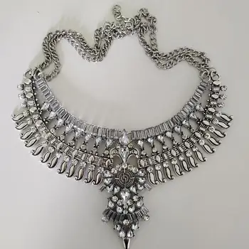 2023 Nou ZA Vintage Placat cu Argint Indian Declarație Cravată Colier pentru Femei de Moda Bohe Etnice Mare Guler Colier Cu Cristale
