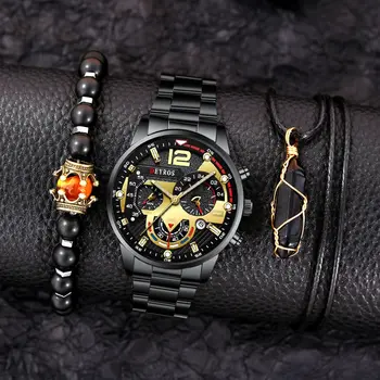 3PCS Set Fashion Mens Ceasuri de Lux, Oameni de Afaceri Calendar din Oțel Inoxidabil Cuarț Ceas Masculin Casual Colier Brățară Ceas de mână