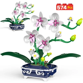 574PCS Mini Orhidee Jucării Pentru Copil Cadou de Ghivece cu Plante Blocuri Prieteni Simulare Flori de Orhidee, Cărămizi Decorarea Casei