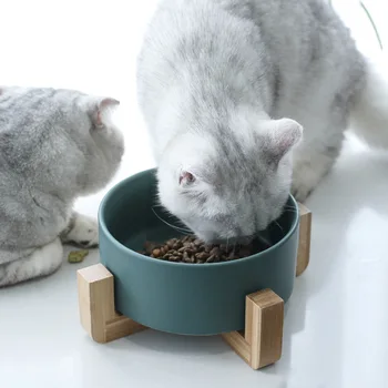 850ml Cat castron ceramic câine mâncare de pisici castron de alimentare cu apă de companie bol cu stand din lemn consumabile pentru animale de companie