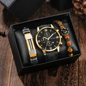 Barbati Casual din Piele Ceas Stabilit pentru Ziua Sotului Cadou de Bărbați Ceasuri Brățară Set de Ceasuri cu Calendar mens ceas cu cutie