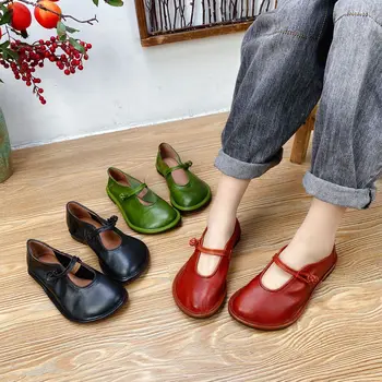 Birkuir Original Din Piele Apartamente Pantofi Pentru Femei Retro Mary Jane Pantofi Cu Toc Stil Chinezesc Moale Manual Doamnelor Pantofi Roșii