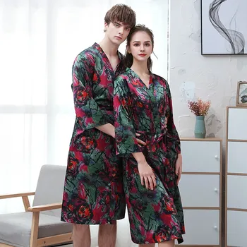 Cămașă De Noapte Casual Pijamale Print Kimono-Halat De Baie Rochie Silky Cuplu Cămașă De Noapte Lenjerie Intima Pijamale Satin Haine De Acasă