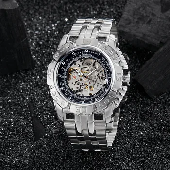 De lux de Aur de Argint Automat Mechanical Ceas pentru Bărbați din Oțel Complet Schelet Ceas de mână Ceas de Peste de Dimensiuni Cadran Mare