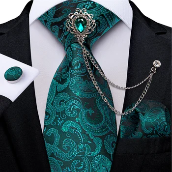De lux Teal Verde Paisley Silk 8cm Cravate pentru Bărbați Pătrat de Buzunar Butoni cu Turcoaz Broșă de Cristal Accesorii de Nunta Cadou