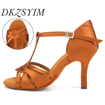 DKZSYIM Femei latine Dans, Pantofi de Dans Pantofi de Mătase Petrecere cu Tango Salsa Dans Pantofi pentru Femei Sandale cu Toc 5/7.5/8.5 CM