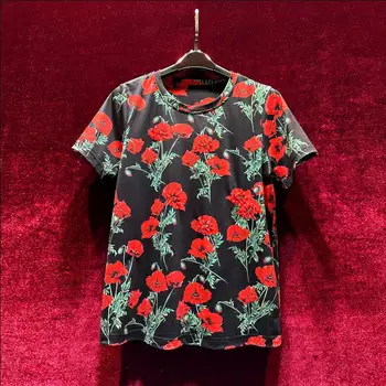 Europene și Americane de haine de femei 2023 vara noi gât Rotund maneca Scurta Rosu floare de imprimare Împânzit cu margele de Bumbac T-shirt