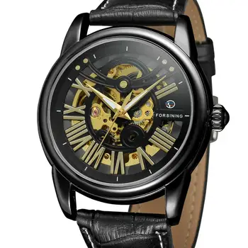 FORSINING CEAS de Moda casual aur gol design creativ Roman numărul de bărbați ceas cu carcasă neagră și cadran negru curea din piele