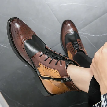 Iarna Brock Stil De Cizme Din Piele De Moda Britanic Chelsea Dantelă Sus Cizme Gros De Înaltă Calitate, Cu Talpi De Contrast Panouri Din Piele Pantofi