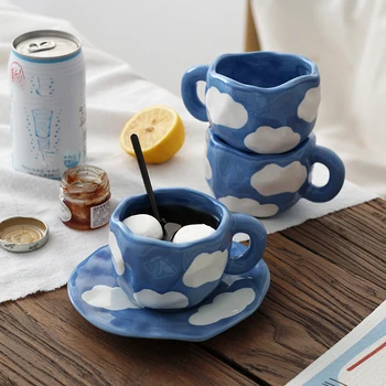 Japonez Pictat Cerul Albastru și Nori Albi Cana de Cafea cu Farfurie din Ceramica lucrate Manual Apa Ceai Lapte Cana Cadou Drăguț pentru Ea