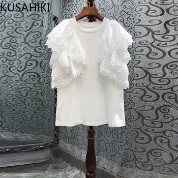 KUSAHIKI 2023 Vara Noi Femeile Broderie Stratificat-zburli Fluture Maneca Tee Topuri de Cauzalitate O-gât-coreean Chic Grafic T Shirt