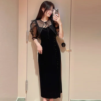 Kuzuwata 2023 Începutul Toamnei Noi Femeile Vestidos Seturi JAPONIA Catifea Subțire Split Suspensor Rochie + Mesh Lace Up Puff Maneca Top 2 buc