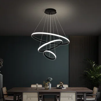 LED-uri moderne Candelabru de Iluminat Pentru Living Dining Bucatarie Cu Telecomanda Reglaj Cerc Negru Inel de Agățat Lampă de Pandantiv