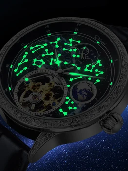 Luminos Faza Moon Tourbillon Ceasuri Barbati de Afaceri Schelet Automat Mechanical Ceas de mână rezistent la apă Ceas din Piele de Om