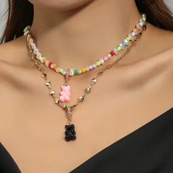 Moda Cristal Urs Gummy Pandantiv Colier Pentru Femei Multi-strat Lanț Inima Cravată Colier pentru Femei Fete Petrecere de Bijuterii Cadou
