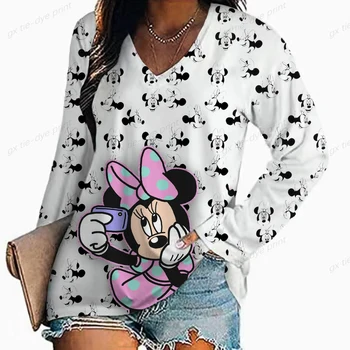 Moda Femei Tricou Disney Minnie Mickey Print V-neck de sex Feminin Harajuku Topuri Doamnelor T-shirt Supradimensionat Tricou Femei de Îmbrăcăminte