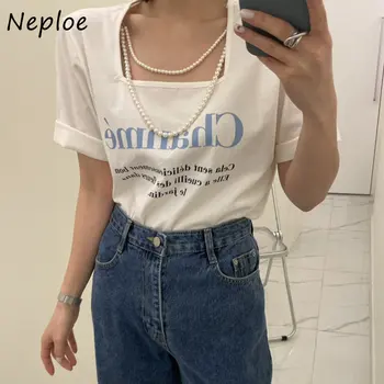 Neploe Scrisoare De Imprimare Vrac Cu Maneci Scurte T-Shirt-Coreean Chic Dulce Topuri Casual De Vara De Nișă Stil Gât Pătrat Colier De Perle Topuri