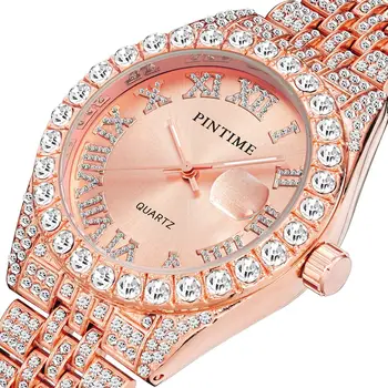 PINTIME Ceasuri Barbati de Lux cu Diamante de Gheață Afară din Oțel Inoxidabil Curea Roma Cadran de Moda Cuarț Ceasuri de mana rezistent la apa Reloj Hombre
