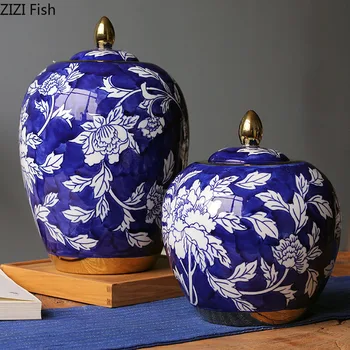 Placat cu aur de Bujor Model de Stocare Borcan Ceramica Ceai Colectorului Bomboane Borcan Birou Decor Albastru și Alb Portelan Bijuterii Borcane