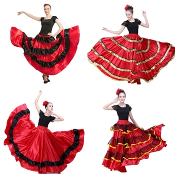 Plus Dimensiune Domnișoară de Flamenco spaniol Fusta Costume de Dans Îmbrăcăminte pentru Femei Negru Rosu Corida spaniolă Festival de Dans din Buric Purta