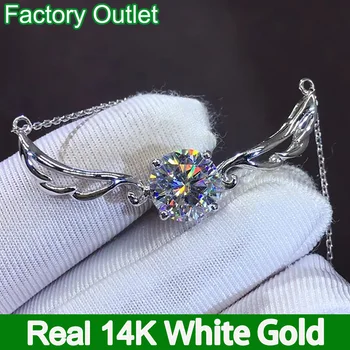 Real 14K Aur Alb Pandantive Coliere Femei Logodnă, Aniversare de Nunta Coliere Aripa Rotund Moissanite Diamant