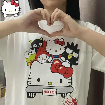 Sanrio Haine de Bumbac cu Maneci Scurte T-shirt 2022 Vara Noi de Desene animate Hello Kitty Drăguț Imprimate Top Moda coreeană Tricou Femei Tees