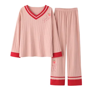 V-Neck Top&Pant 2 BUC Pijamale de Bumbac pentru Femei Costum de Primăvară de Toamnă Nou Liber Acasă Uzura Casual de Imprimare Pijamale Confort Sleepwear