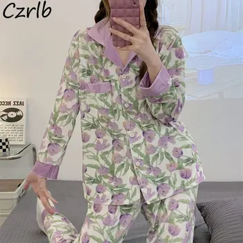 Violet Pijama Seturi Pentru Femei Flori Imprimate Ins Primăvară Dulce Moda Coreeană Licitație Vintage Chic 2023 Primăvară Sleepwear Confort Nou