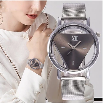 Vogueable Dna triunghi inversat cuarț ceas casual cu ochiuri din oțel inoxidabil gol transparent ceas de ceas Relogio Feminin