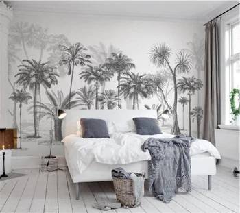 wellyu Tapet Personalizat Murală Schiță Alb-Negru Tropicală Copac de nucă de Cocos Nordic TV Canapea Fundal Tapet 3d