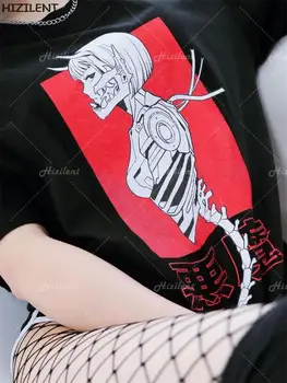 y2k haine Supradimensionate T-shirt Goth anime Schelet de Imprimare grunge Maneci Scurte Streetwear Harajuku Vara Top Femeie Haine emo tee