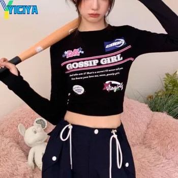 YICIYA T-shirt y2k Top femei t-shirt crop top mâneci lungi tricouri American graffiti imprimare curse tricou Femei de îmbrăcăminte