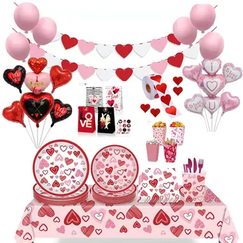 Ziua îndrăgostiților Dragoste de Nunta Petrecere unica folosinta Tacamuri Farfurii si Cani de Țesut Cuțit, Furculiță, Lingură Balon Banner Decor Consumabile