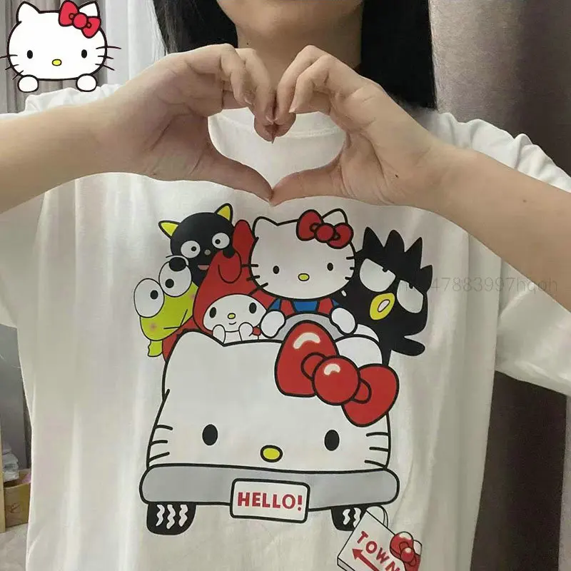 Sanrio Haine de Bumbac cu Maneci Scurte T-shirt 2022 Vara Noi de Desene animate Hello Kitty Drăguț Imprimate Top Moda coreeană Tricou Femei Tees
